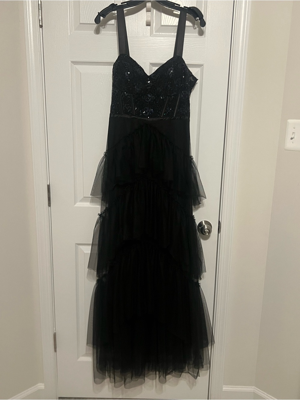 Black Tiered Tulle Evening Dress - Elegant Strappy Gown